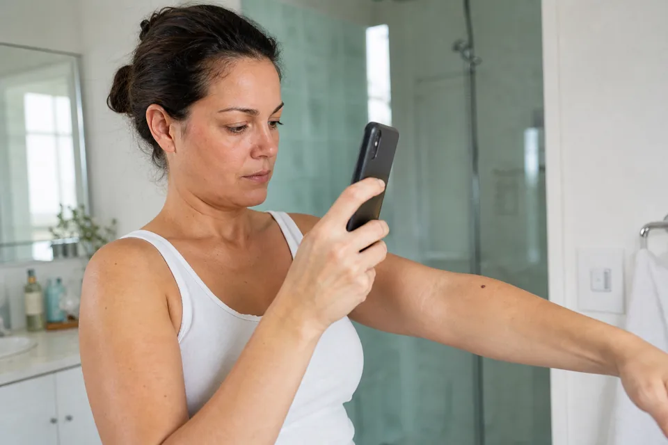 Kobieta robi telefonem zdjęcie znamienia na przedramieniu przed konsultacją dermatologiczną online