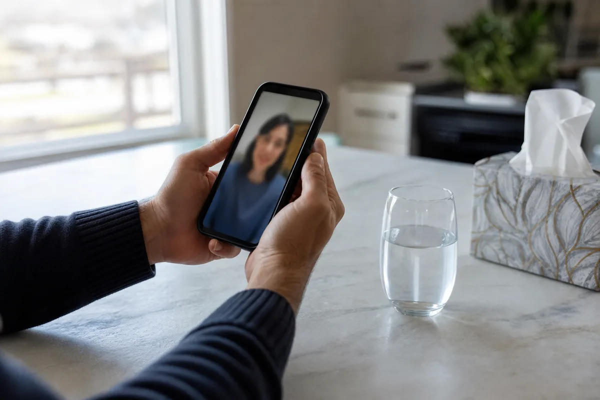 Dłonie trzymające smartfon podczas rozmowy wideo przy stole