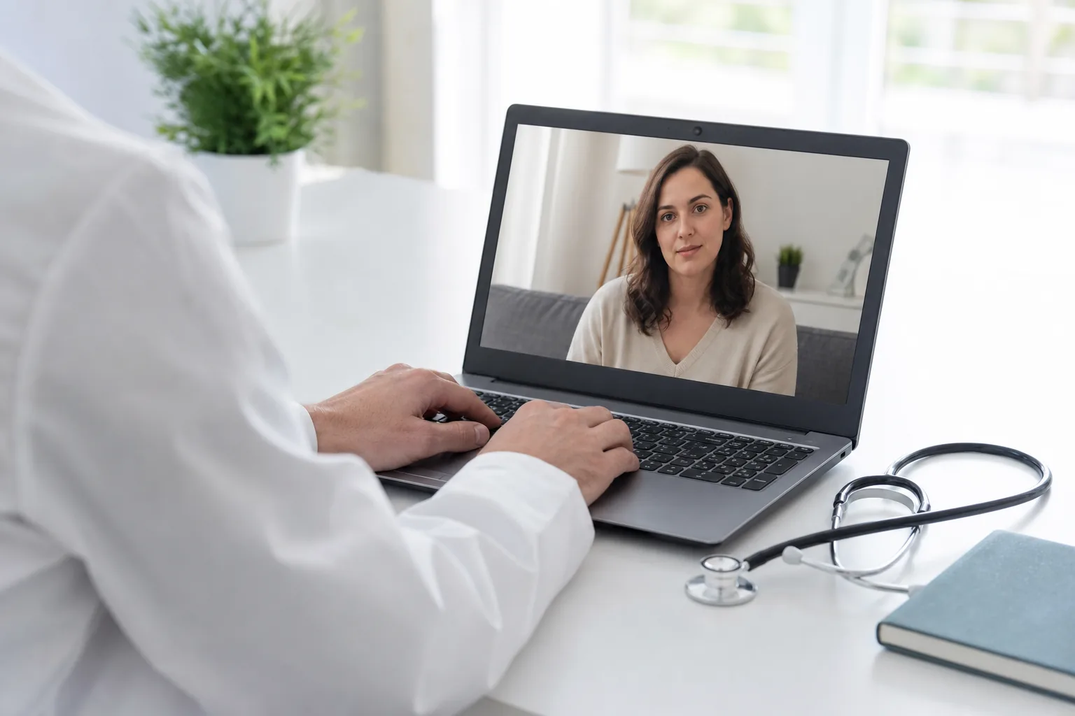 Lekarz przy laptopie podczas rozmowy wideo z pacjentką