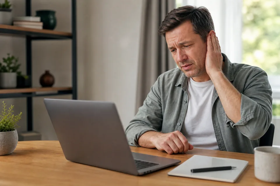 Mężczyzna trzyma dłoń przy uchu i notuje objawy przy laptopie przed konsultacją laryngologiczną online