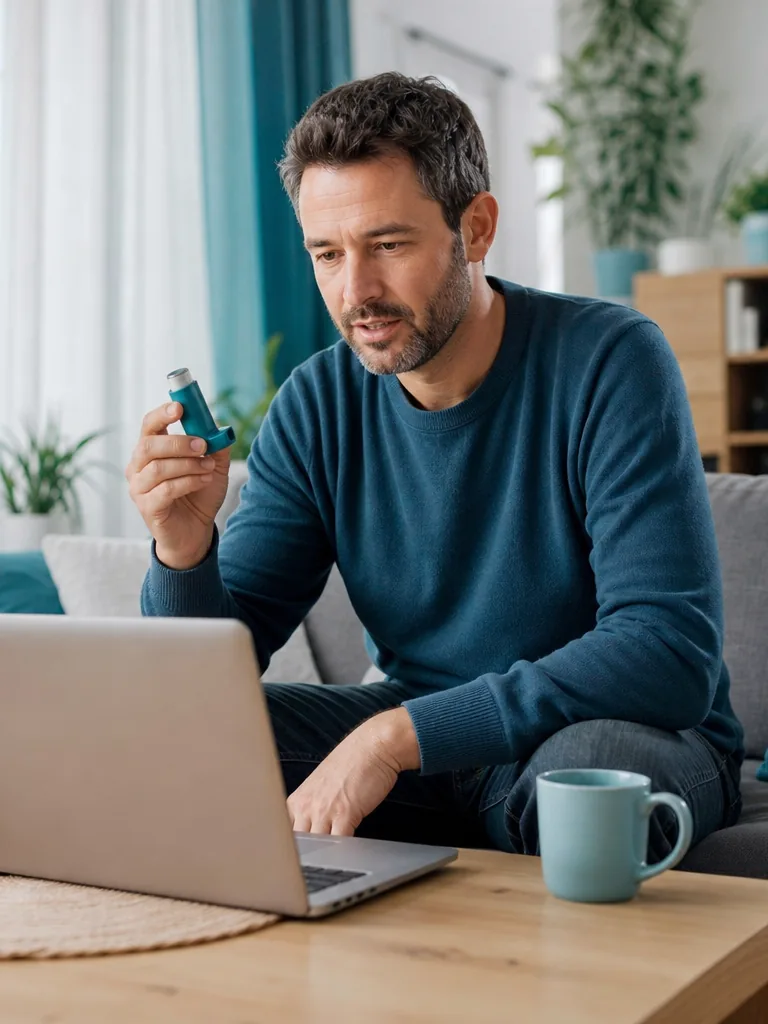 Mężczyzna z inhalatorem w dłoni podczas rozmowy wideo z pulmonologiem przy laptopie w domu